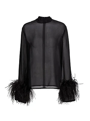 Feather-Trimmed Sheer Georgette Blouse