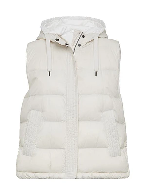 Lightweight Matte Nylon Down Vest with Hood and Shiny Trim