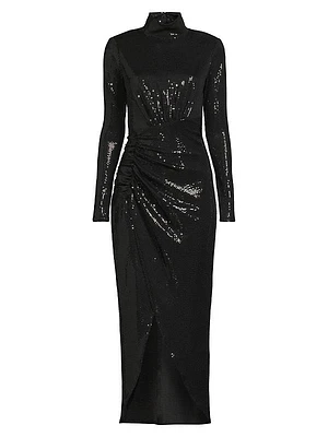 Sequin Draped Long-Sleeve Cocktail Dress