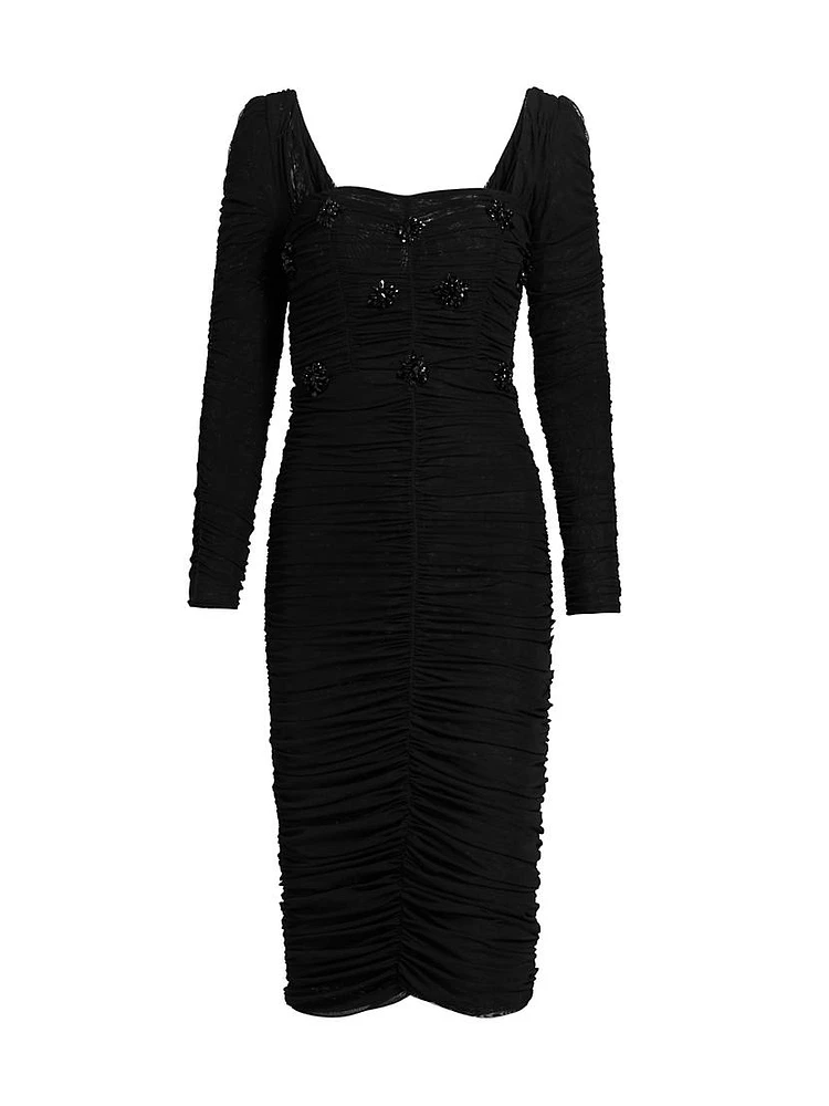 Hand-Beaded Stretch Tulle Midi-Dress