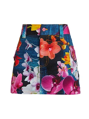 Orchid Floral Denim Cargo Miniskirt