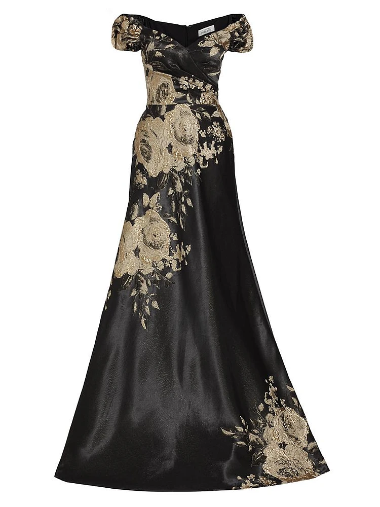 Floral Metallic Jacquard Off-the-Shoulder Gown