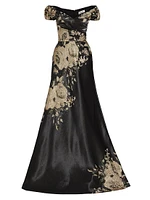 Floral Metallic Jacquard Off-the-Shoulder Gown