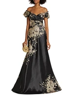 Floral Metallic Jacquard Off-the-Shoulder Gown