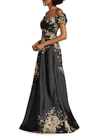Floral Metallic Jacquard Off-the-Shoulder Gown