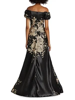 Floral Metallic Jacquard Off-the-Shoulder Gown