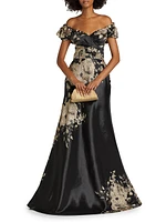 Floral Metallic Jacquard Off-the-Shoulder Gown