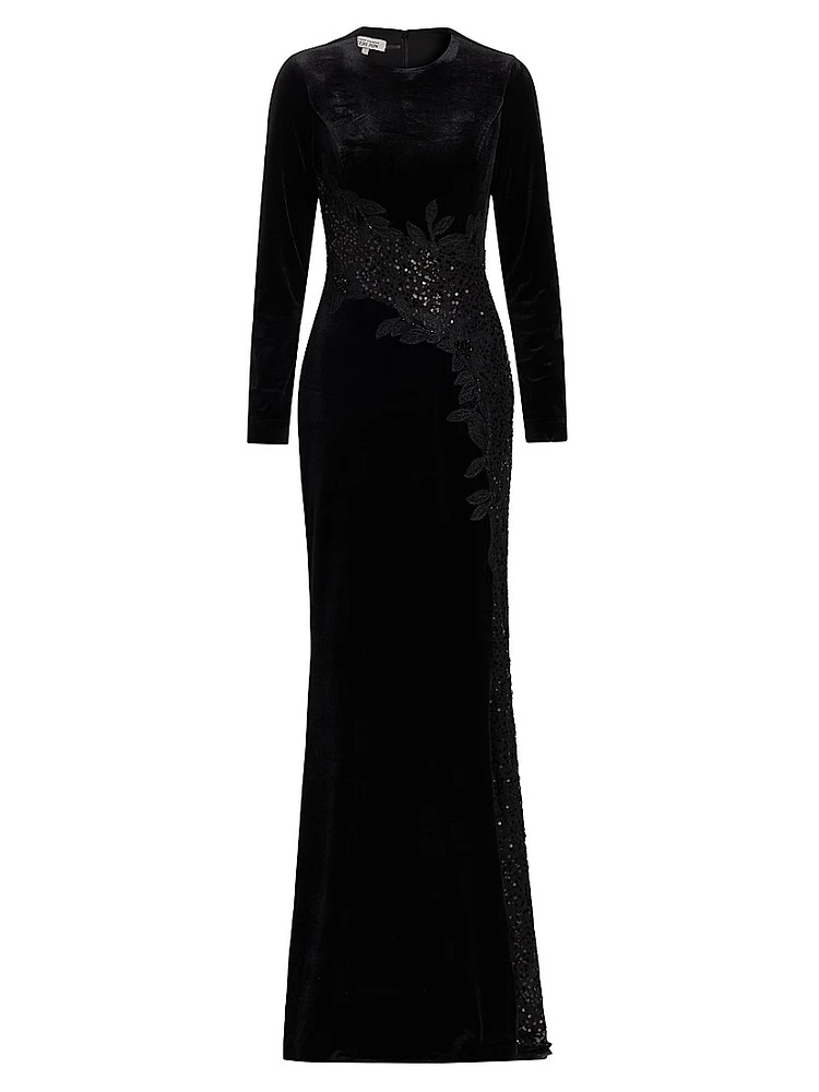 Embellished & Embroidered Stretch Velvet Gown