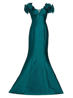 Jacquard Floral Appliquéd Off-The-Shoulder Gown