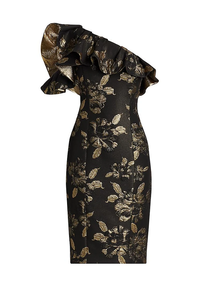 Floral Metallic Jacquard Ruffled One-Shoulder Cocktail Dress