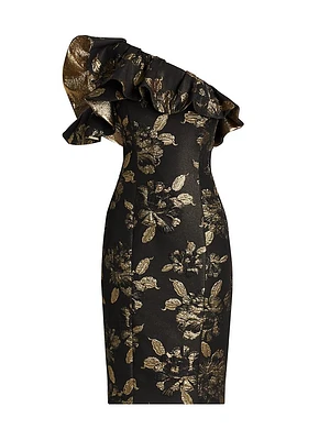 Floral Metallic Jacquard Ruffled One-Shoulder Cocktail Dress