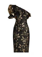 Floral Metallic Jacquard Ruffled One-Shoulder Cocktail Dress
