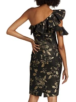 Floral Metallic Jacquard Ruffled One-Shoulder Cocktail Dress