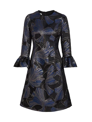 Metallic Jacquard Bell-Sleeve Cocktail Dress