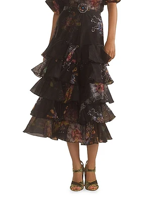 Silk Organza Ruffle Midi-Skirt