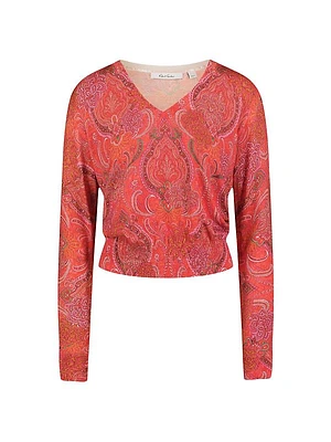Evelyn Paisley Cotton-Silk V-Neck Sweater