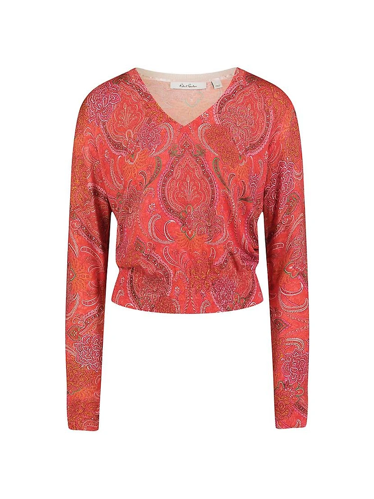 Evelyn Paisley Cotton-Silk V-Neck Sweater