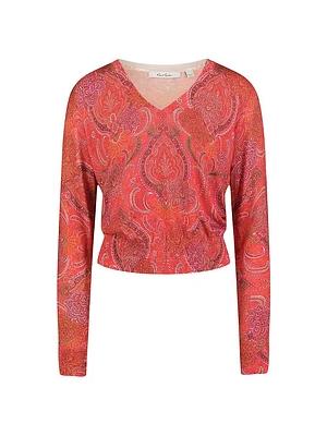 Evelyn Paisley Cotton-Silk V-Neck Sweater