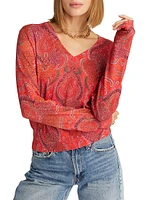 Evelyn Paisley Cotton-Silk V-Neck Sweater