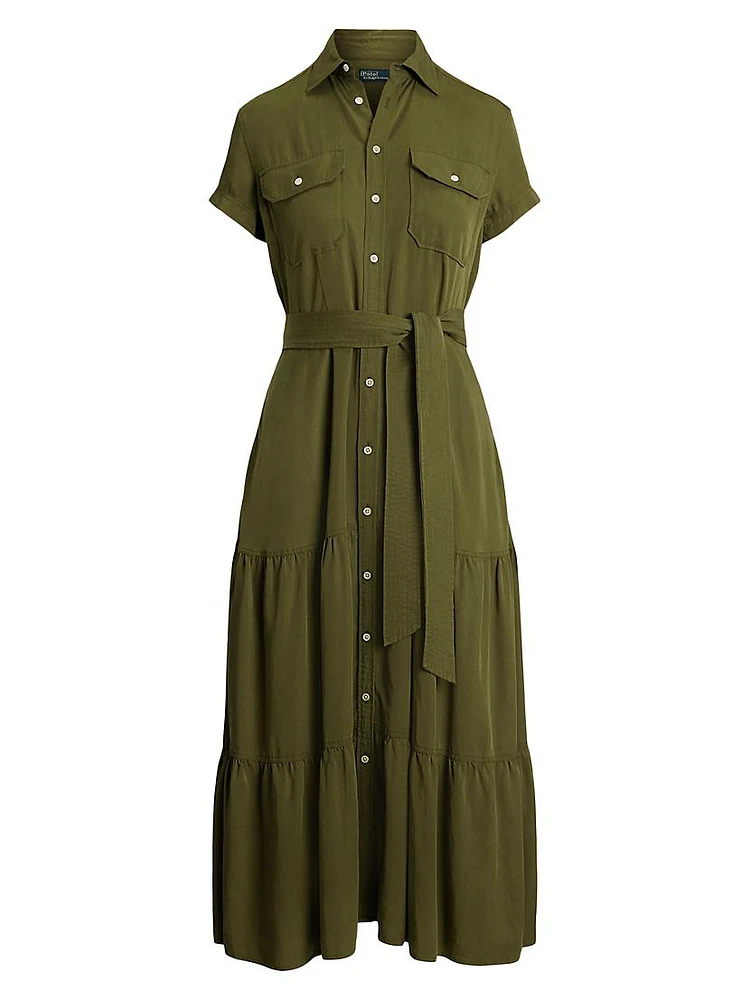 Tiered Tie-Waist Midi-Shirtdress