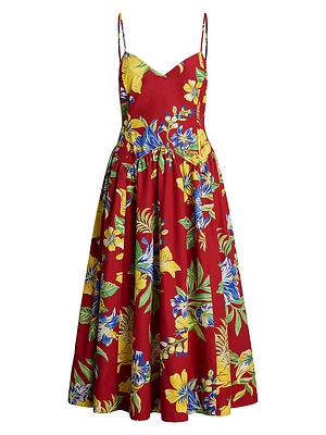 Tropical Foral Cotton Poplin Midi-Dress