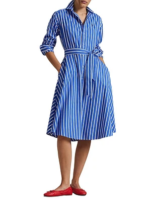 Striped Cotton Belted Midi-Shirtdress