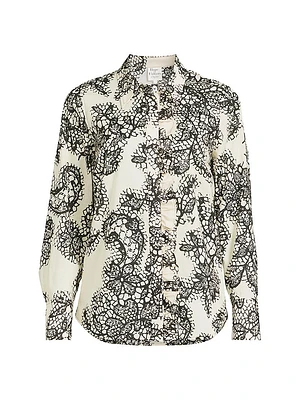 Lace Ruffle Cotton Button-Front Shirt