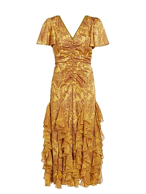 Olympia Paisley Ruffle Midi-Dress