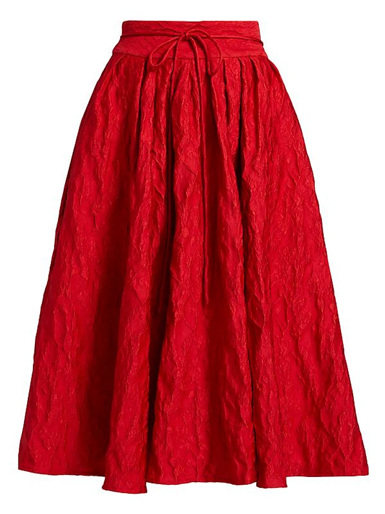 Floral Cloque Tie Pleated Midi-Skirt