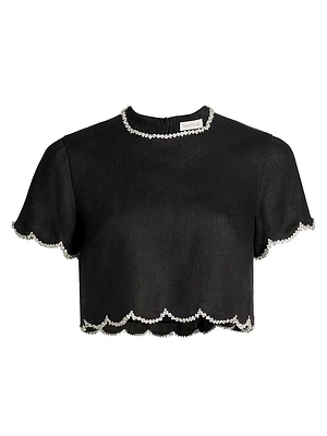 Crush Crystal-Embellished Scalloped Linen Crop Top