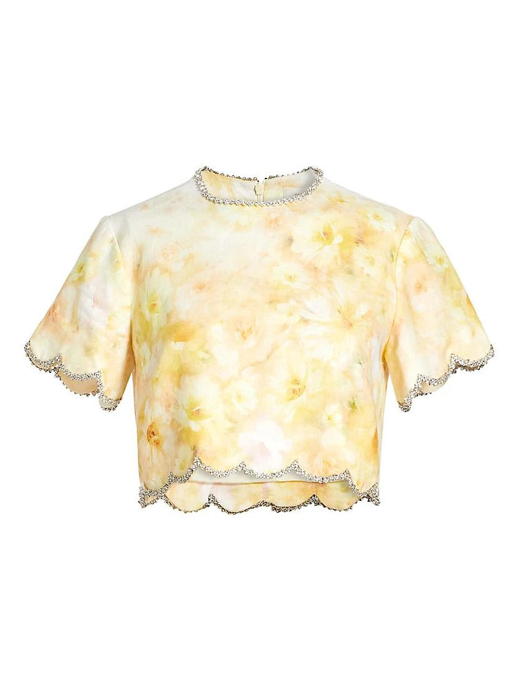 Crush Floral Crystal-Embellished Linen Scalloped Crop Top