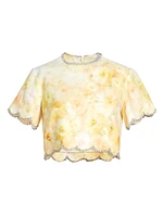 Crush Floral Crystal-Embellished Linen Scalloped Crop Top