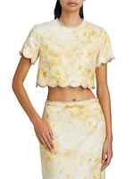 Crush Floral Crystal-Embellished Linen Scalloped Crop Top