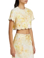 Crush Floral Crystal-Embellished Linen Scalloped Crop Top