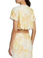 Crush Floral Crystal-Embellished Linen Scalloped Crop Top