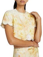 Crush Floral Crystal-Embellished Linen Scalloped Crop Top