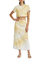 Crush Floral Crystal-Embellished Linen Scalloped Crop Top