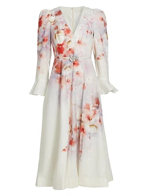 Crush Floral Linen Midi-Dress