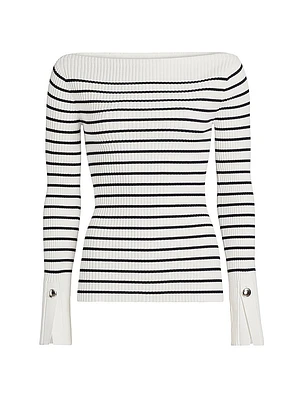 Anya Striped Rib-Knit Boatneck Sweater