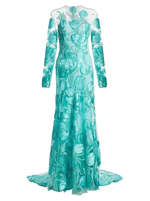 Petal Appliqué Illusion Trumpet Gown