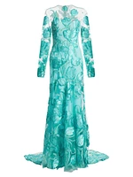 Petal Appliqué Illusion Trumpet Gown