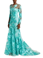 Petal Appliqué Illusion Trumpet Gown
