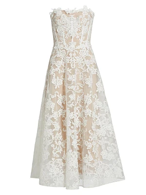 Appliqué Lace Strapless A-Line Midi-Dress