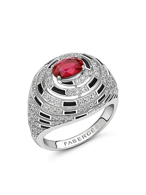 Fabergé x Beetlejuice Beetlejuice White Gold Ruby, Diamond and Black Enamel Spiral Bombe Ring