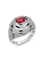 Fabergé x Beetlejuice Beetlejuice White Gold Ruby, Diamond and Black Enamel Spiral Bombe Ring