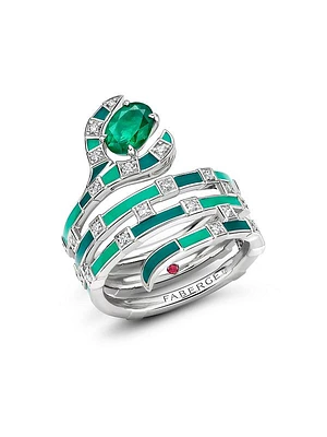 Fabergé x Beetlejuice Beetlejuice White Gold, Emerald & Green Enamel Sandworm Spiral Wrap Ring