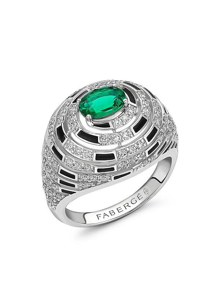 Fabergé x Beetlejuice Beetlejuice White Gold Emerald, Diamond and Black Enamel Spiral Bombe Ring