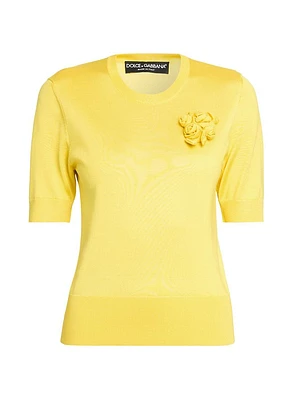 Floral-Appliquéd Silk Short-Sleeve Sweater