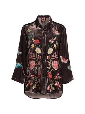 Velvet Floral Embroidered Kimono-Sleeve Shirt