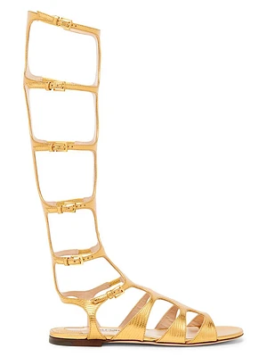 Laminated Printed Lizard Leather Knee-High Sandals